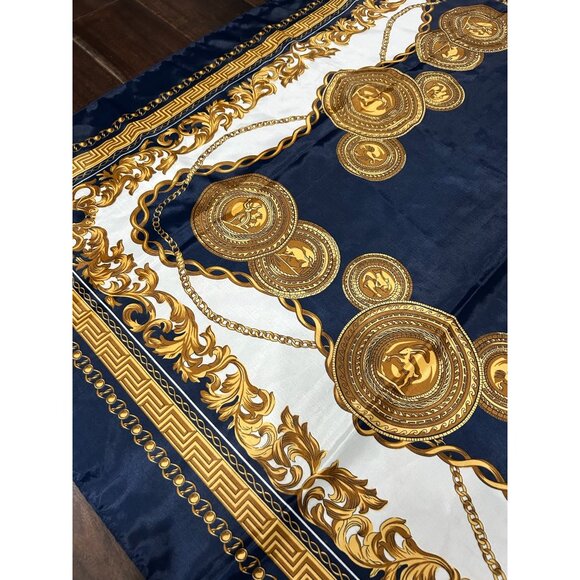 Vintage Inspired Navy Gold Baroque Print Polyester Square Scarf 35 Inches - Picture 2 of 8